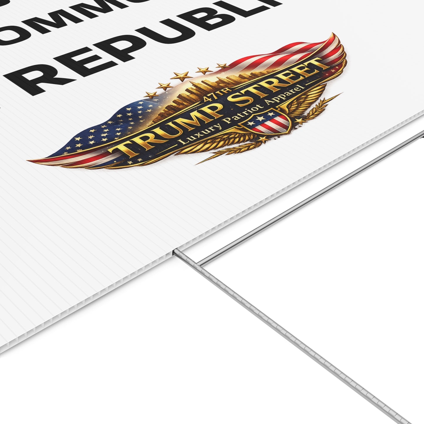 Logo with American flag design and text on a white background