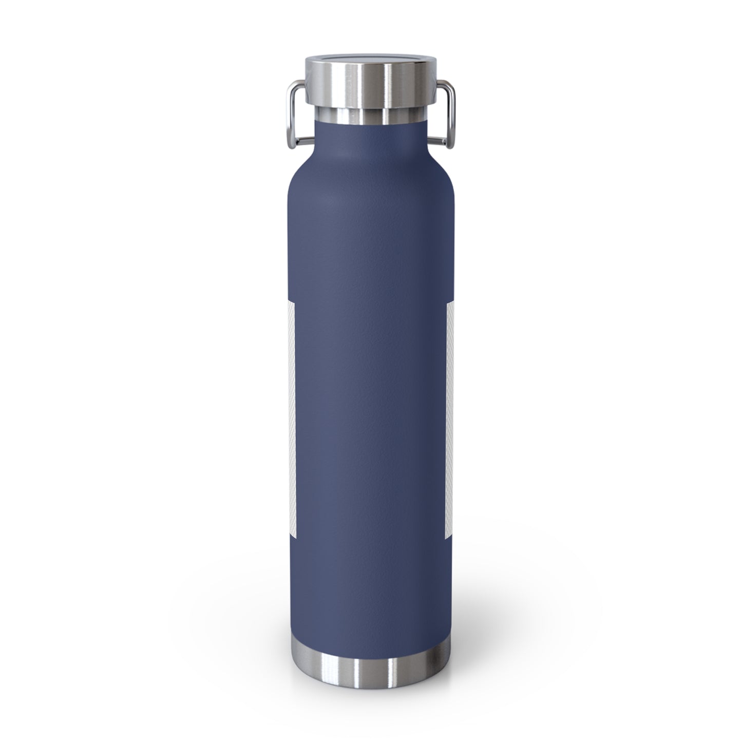 Navy blue water bottle with silver cap on a white background