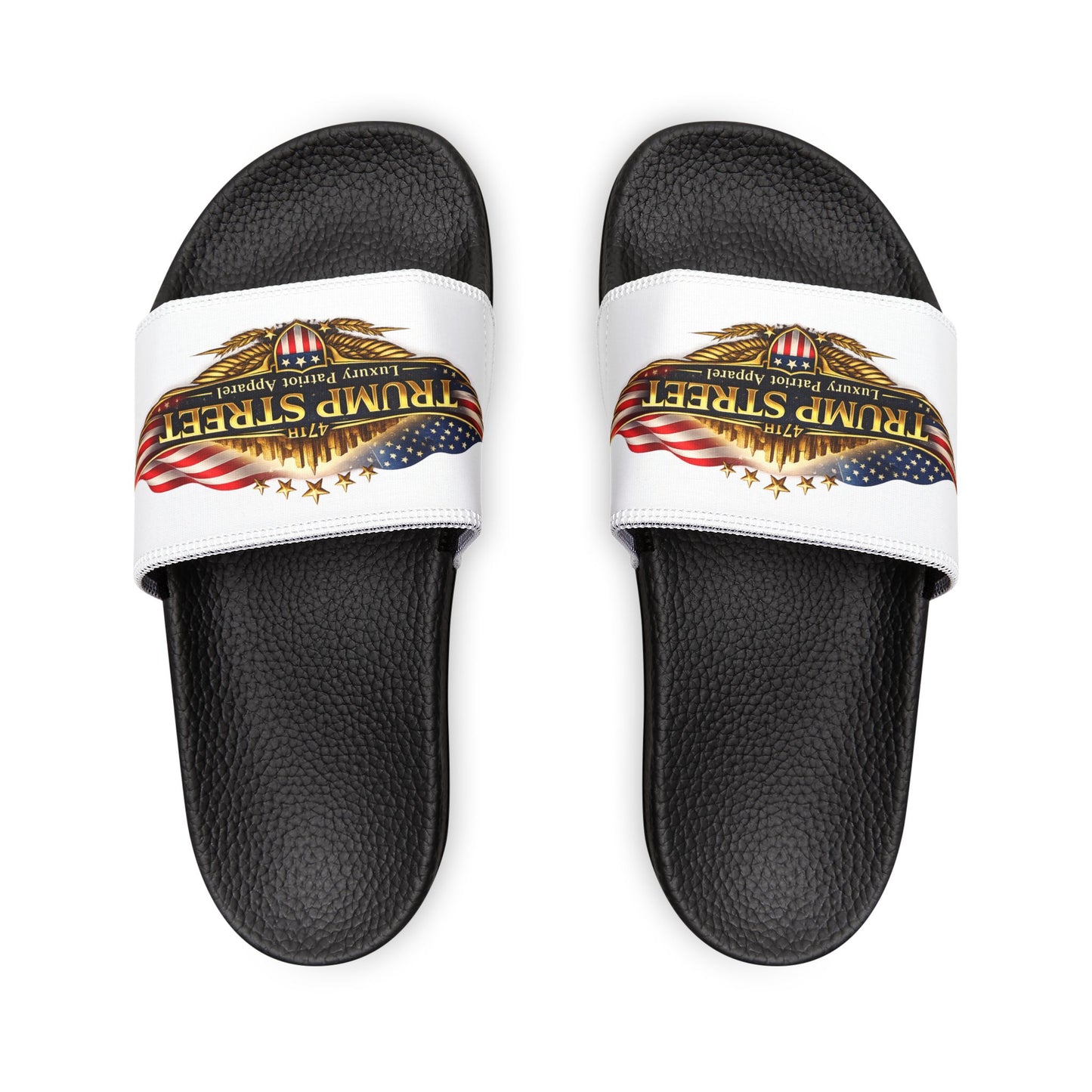 Black slides with a white strap featuring 'Trump Street' logo on a white background