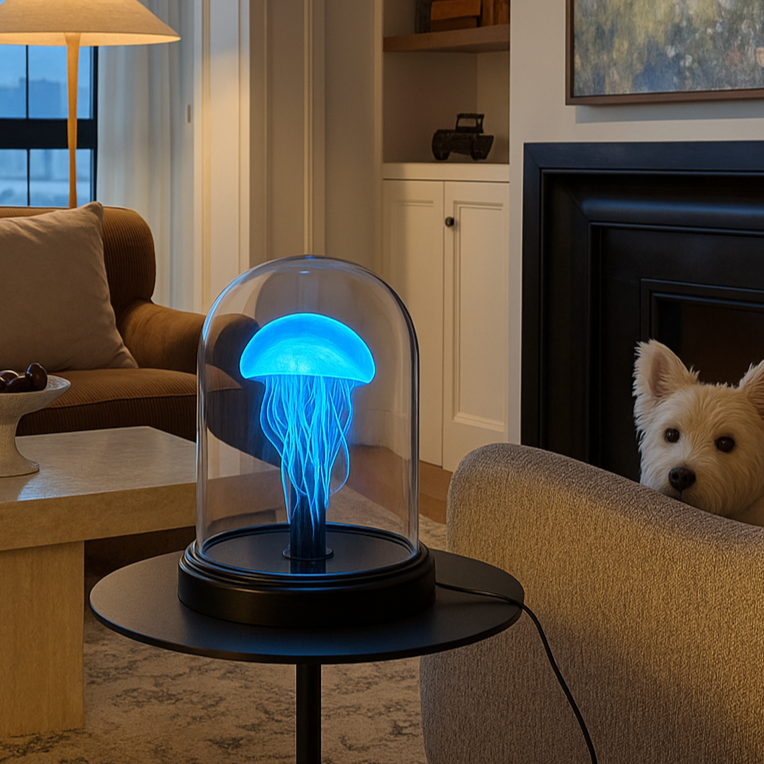 Blue jellyfish LED hologram projector lamp modern home decor setup