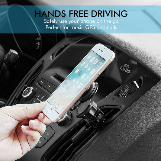 Car phone mount being used to hold a smartphone in a car's air vent.