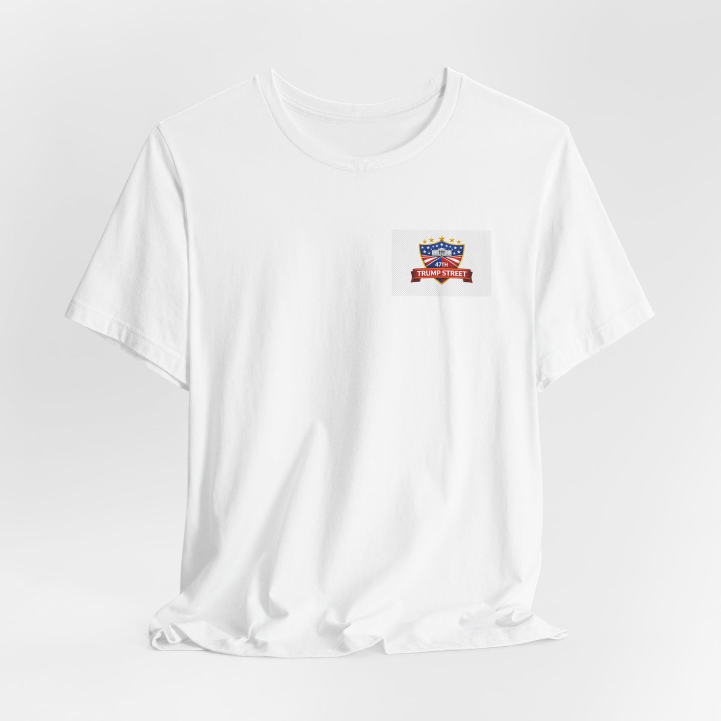 White t-shirt with a small logo on the chest against a light gray background