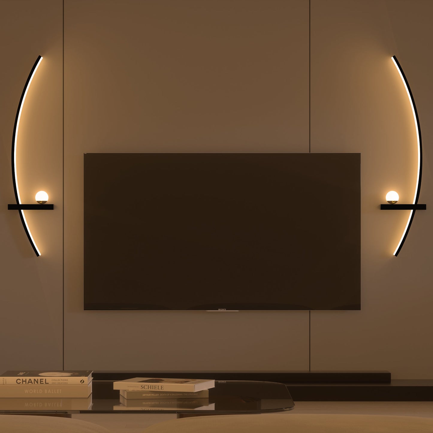 Modern orb arc wall lamps mounted on both sides of a television for balanced ambient lighting