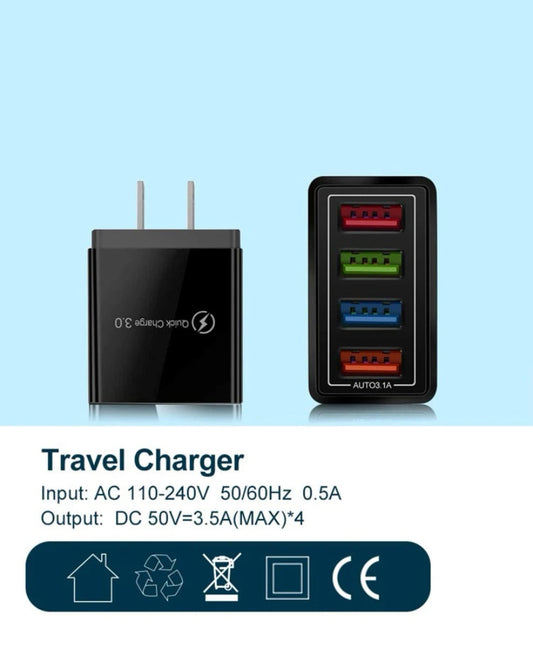 Travel charger with three USB ports on a light blue background