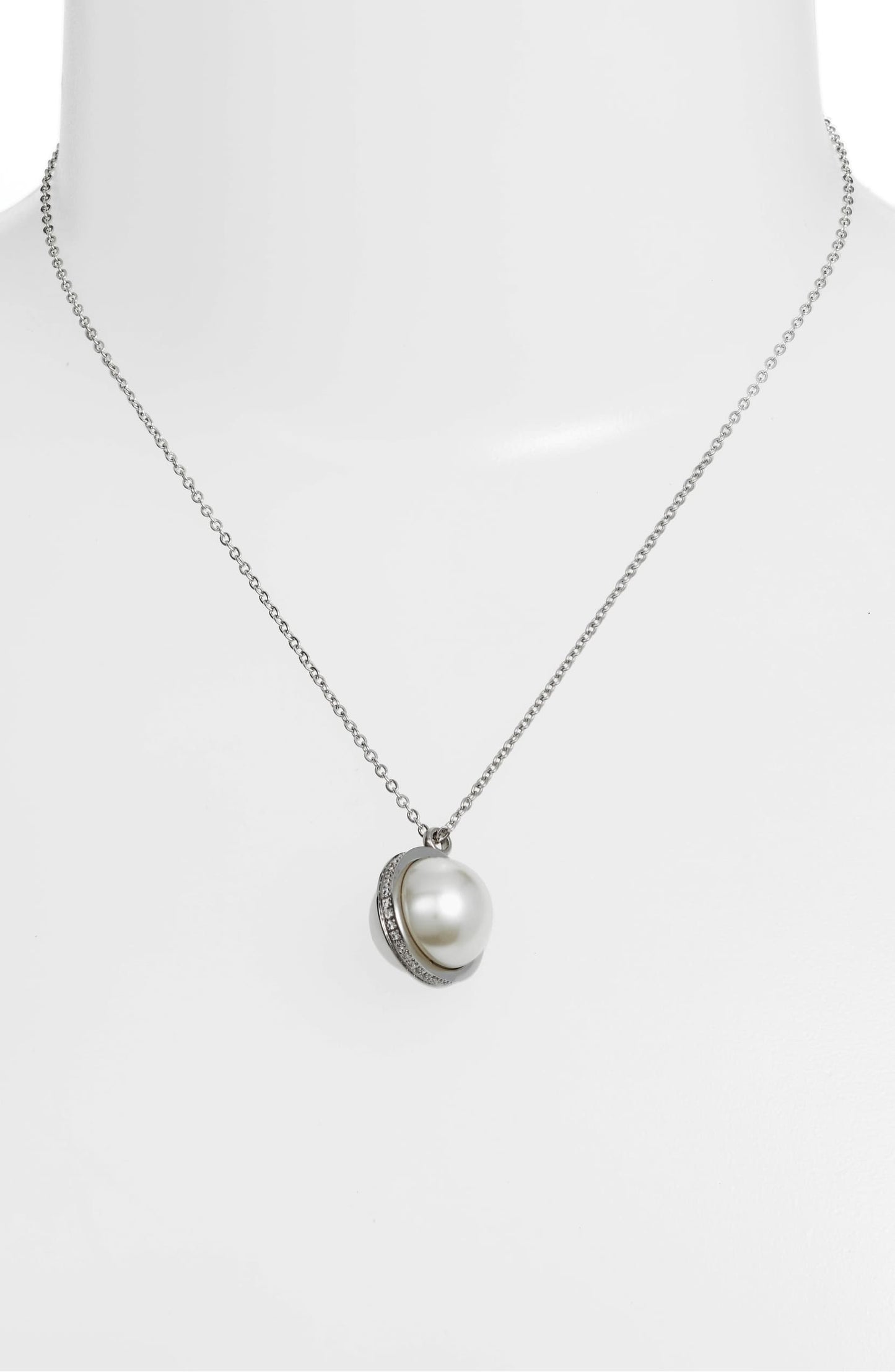 pearl crystal orbit necklace worn on model