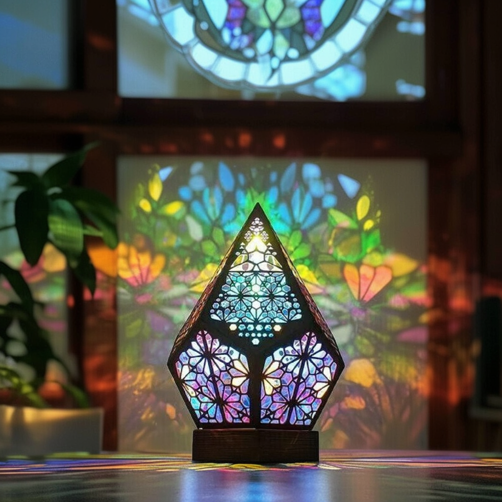 Bohemian wooden table lamp with colorful geometric stained-glass style glow on a tabletop