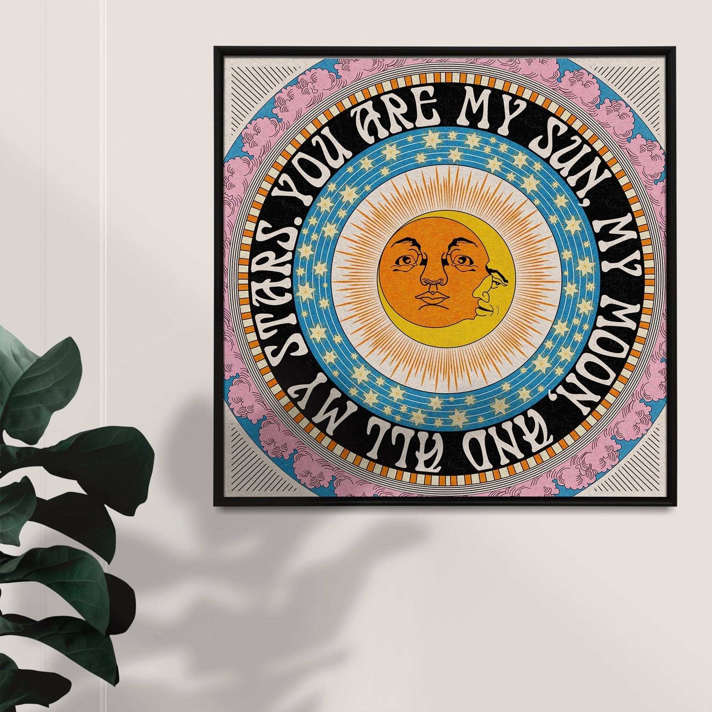 Square celestial art print featuring sun, moon, and stars design with inspirational quote