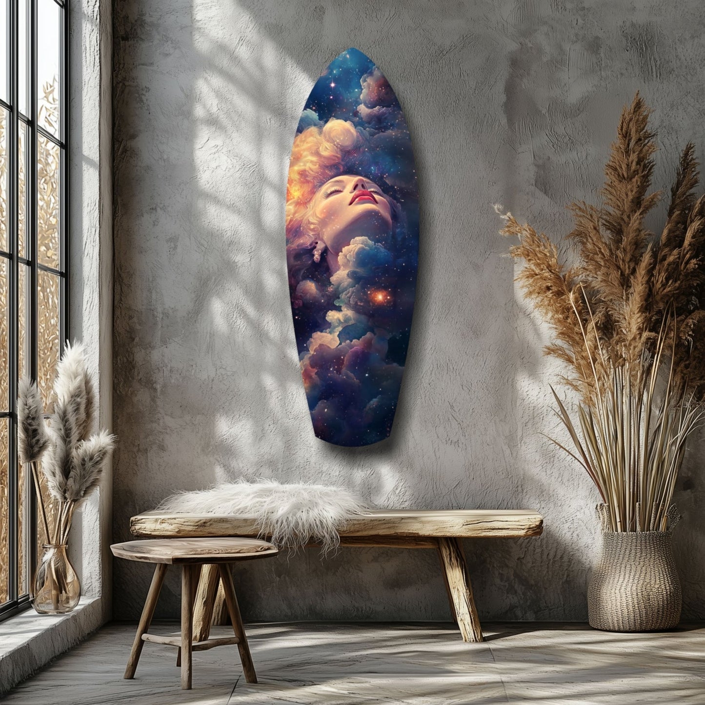 Starry night celestial glass wall art hanging in modern living room decor