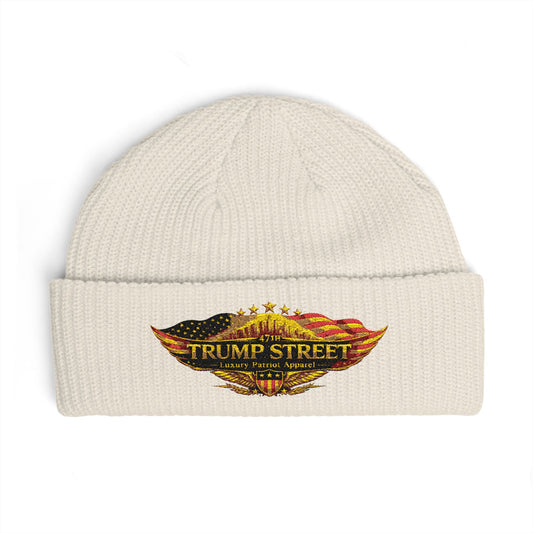 Beige beanie 47th Trump Street Patriotic Eagle Logo Cuff Beanie - Embroidered Logo Knit Hat