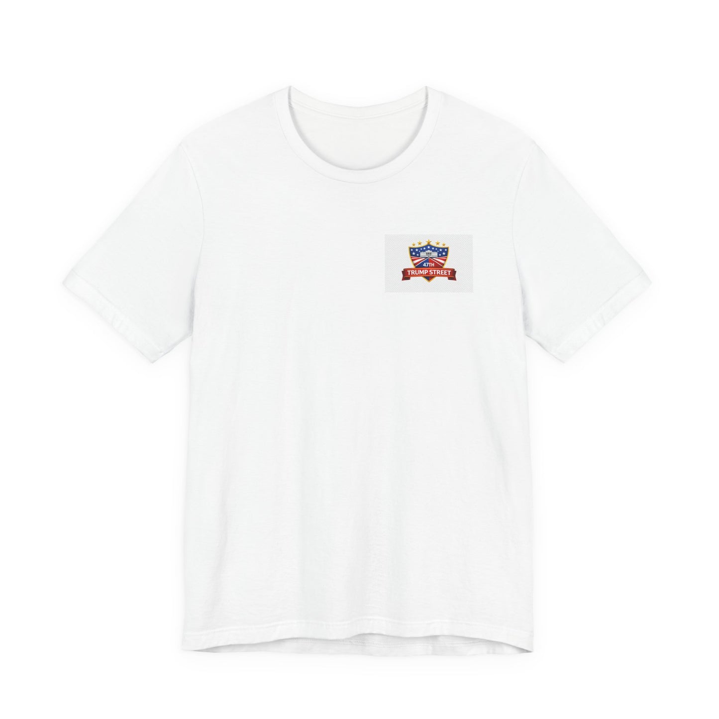 White t-shirt with a small logo on the chest against a white background