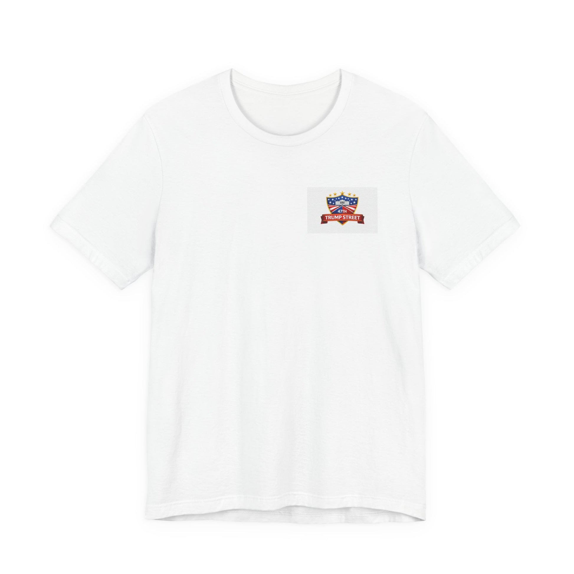 White t-shirt with a small logo on the chest against a white background