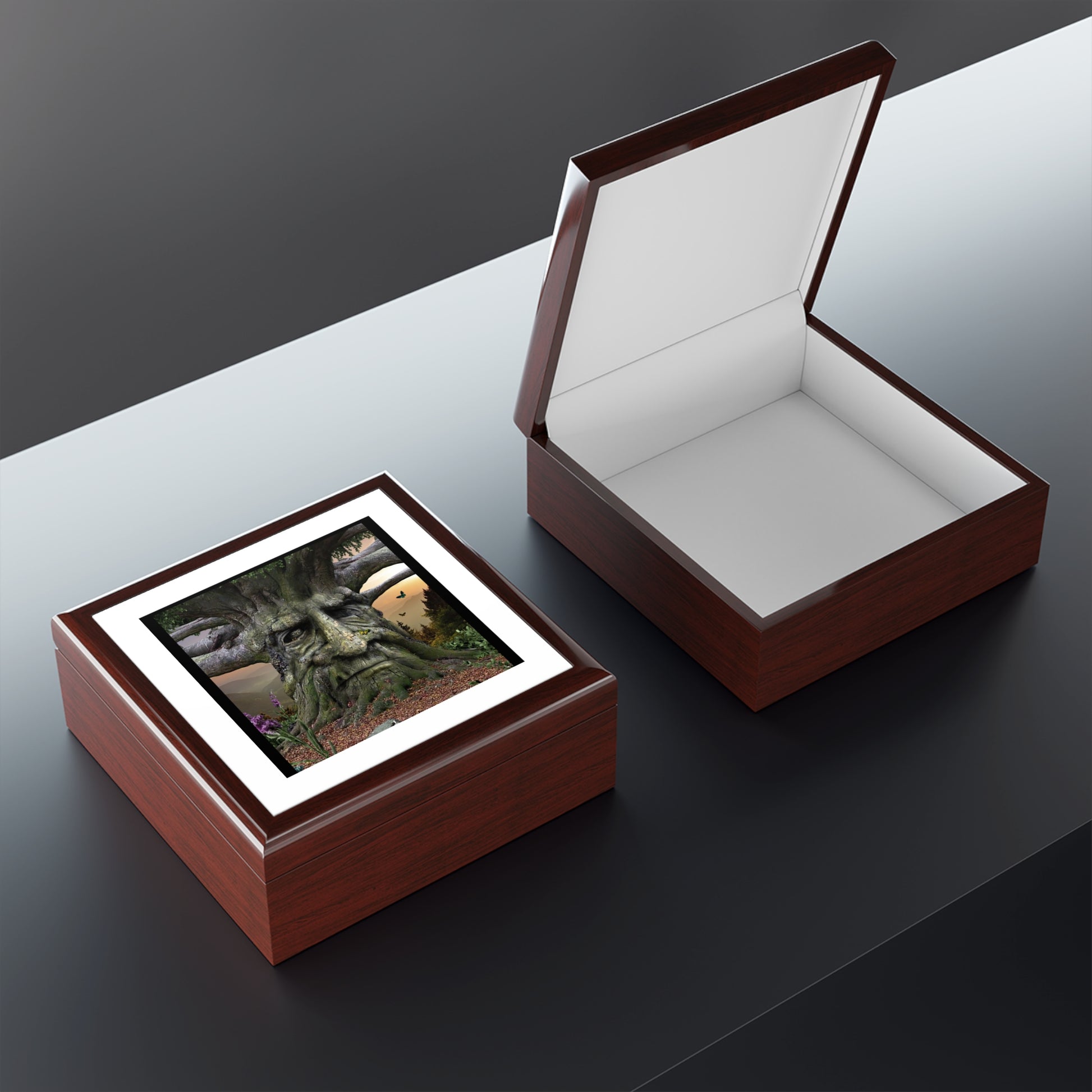 Wooden jewelry box with a scenic image on a reflective surface