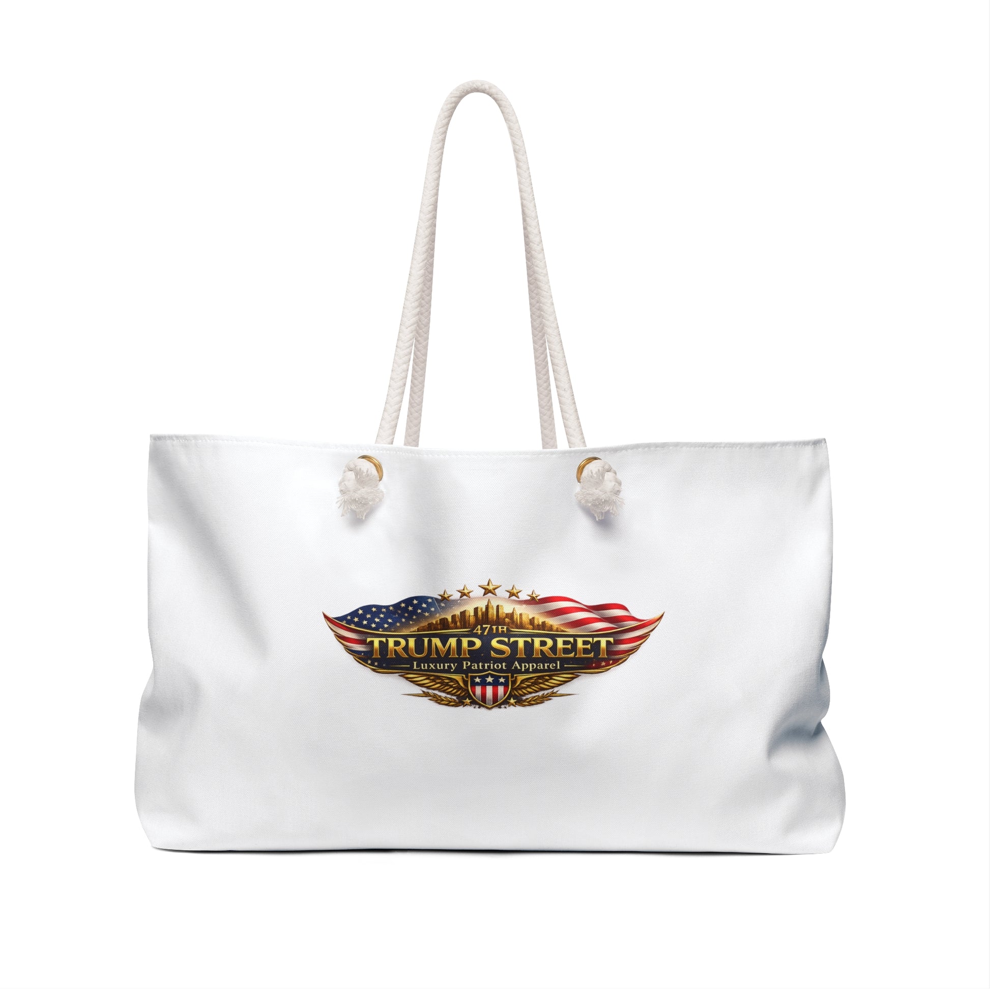 White tote bag with '47th Trump Street' logo on a white background