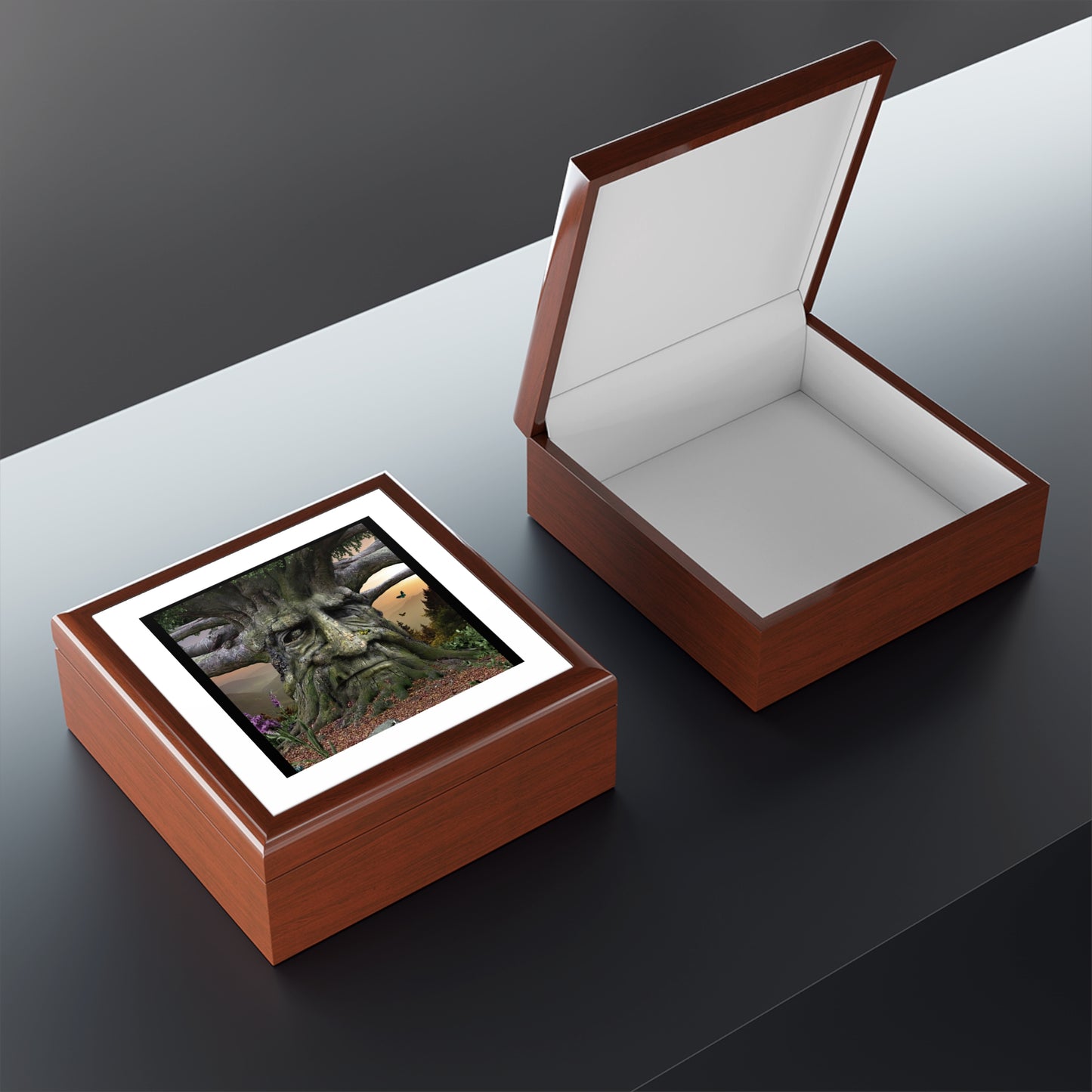 Wooden jewelry box with a glass lid on a reflective surface