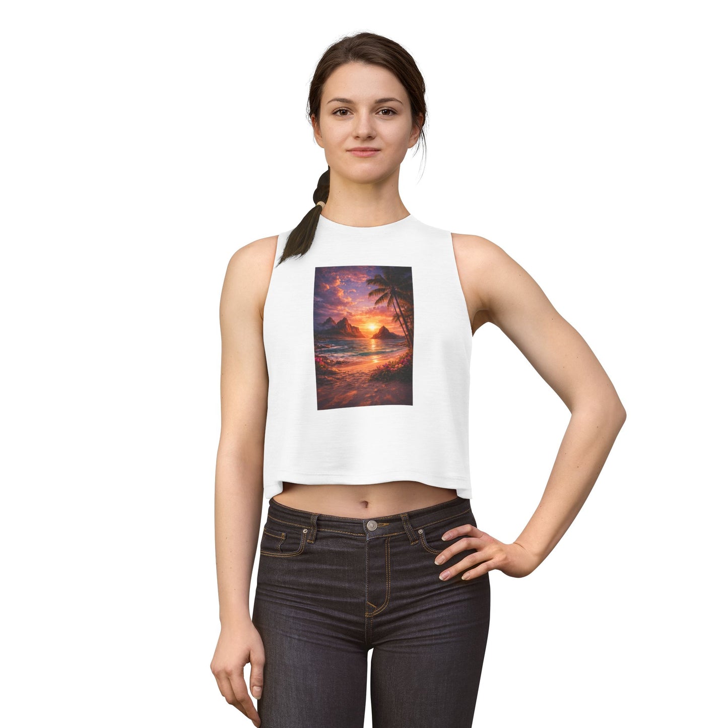 Woman wearing a sleeveless top with a sunset design on a white background