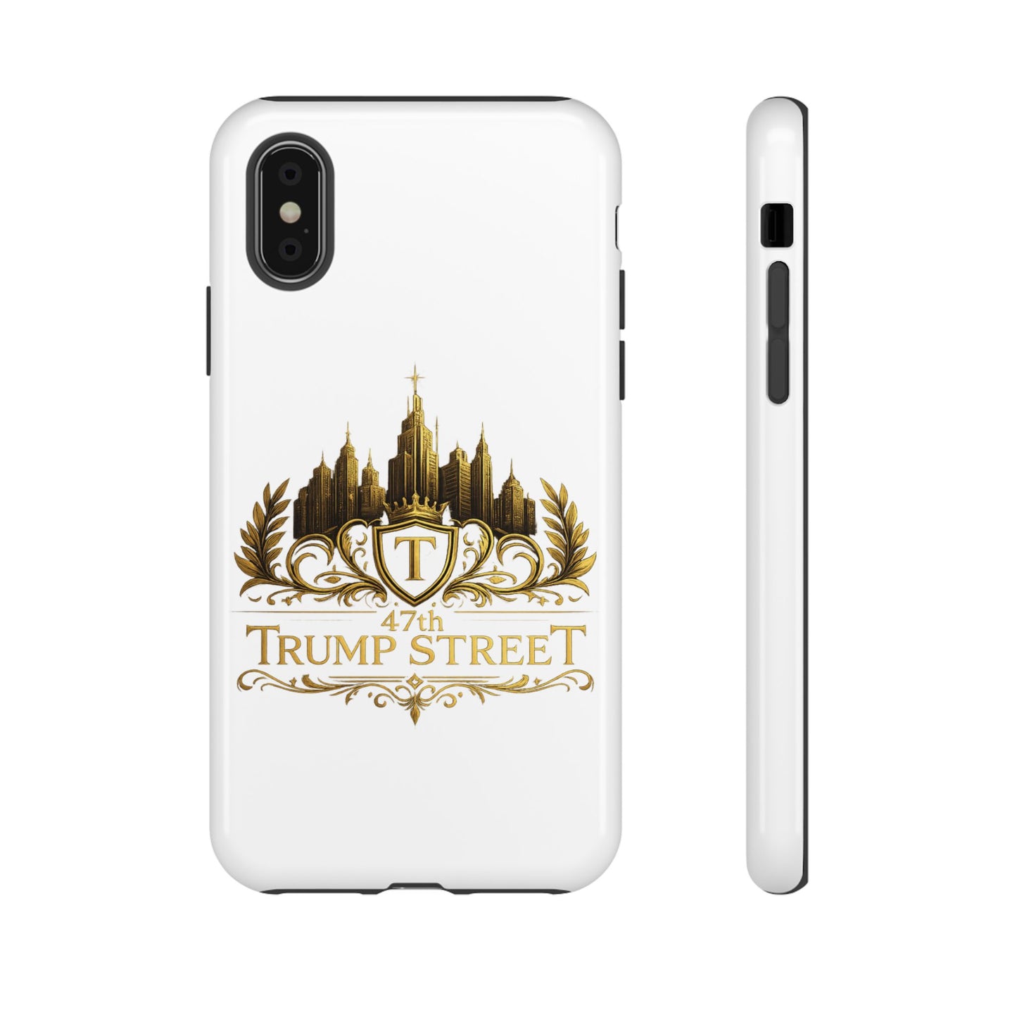 Phone case with '47th Trump Street' design on a white background