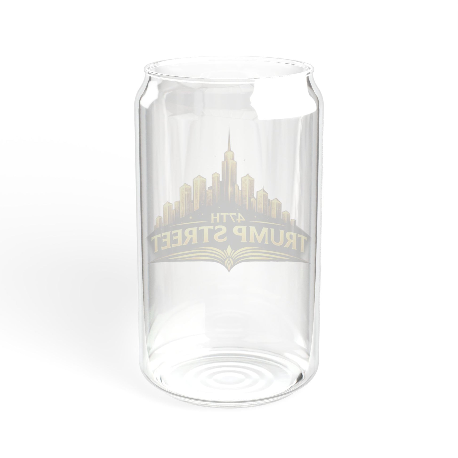 Clear glass tumbler with 'Trump Street' text and skyline design on a white background
