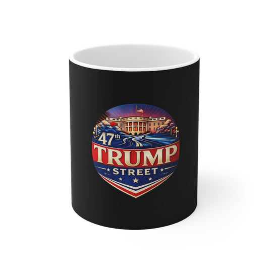 Black mug with 'Trump Street' design on a white background
