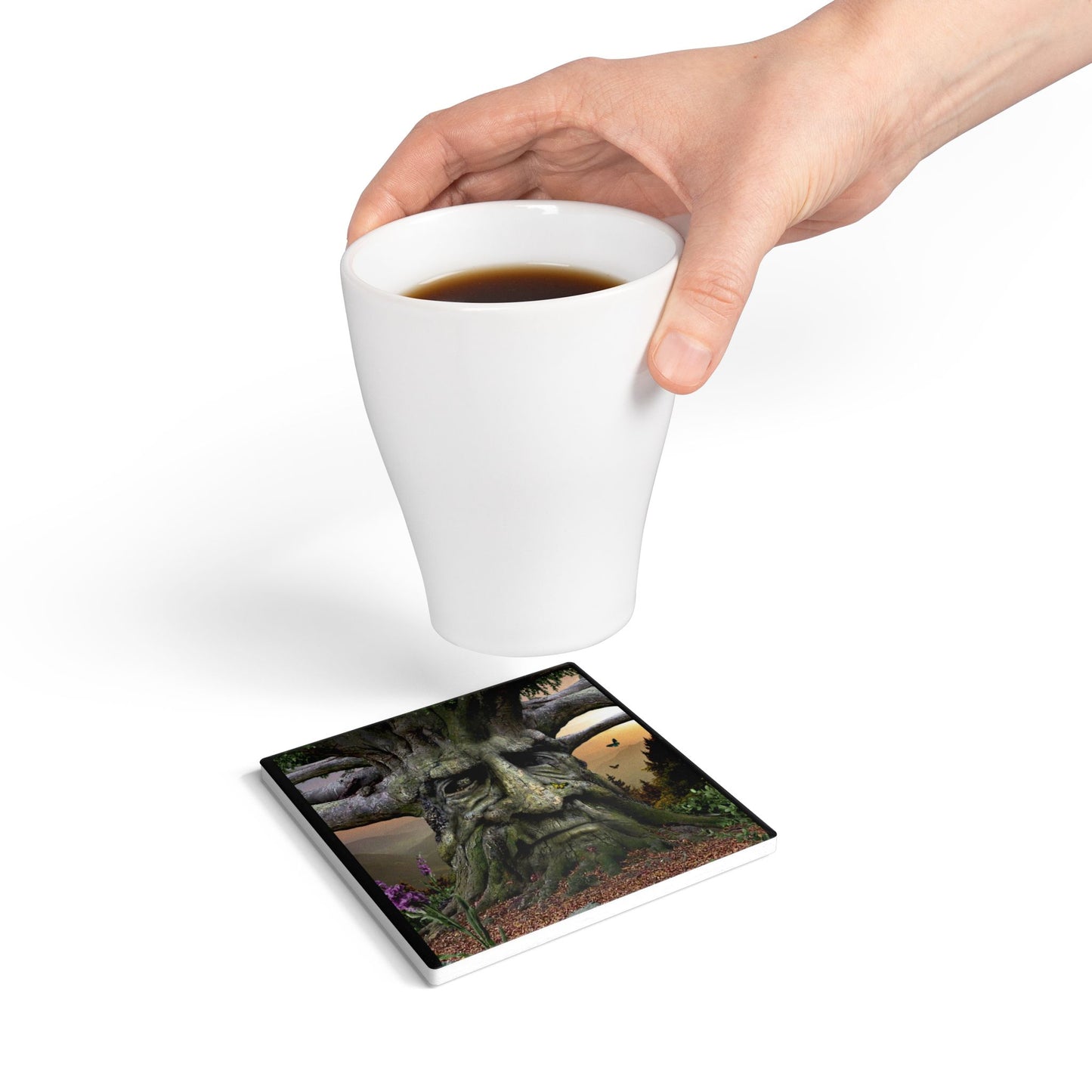 Enchanted Tree Face Ceramic Coaster — Enchanted Forest Fantasy Drink Coaster