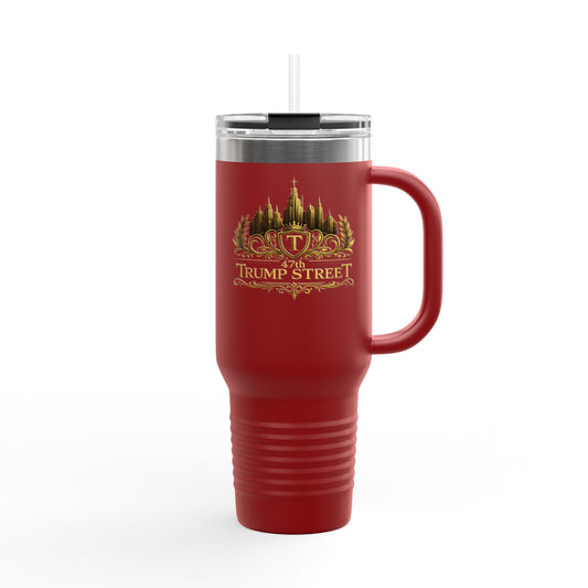 Red travel mug with a logo and text on a white background
