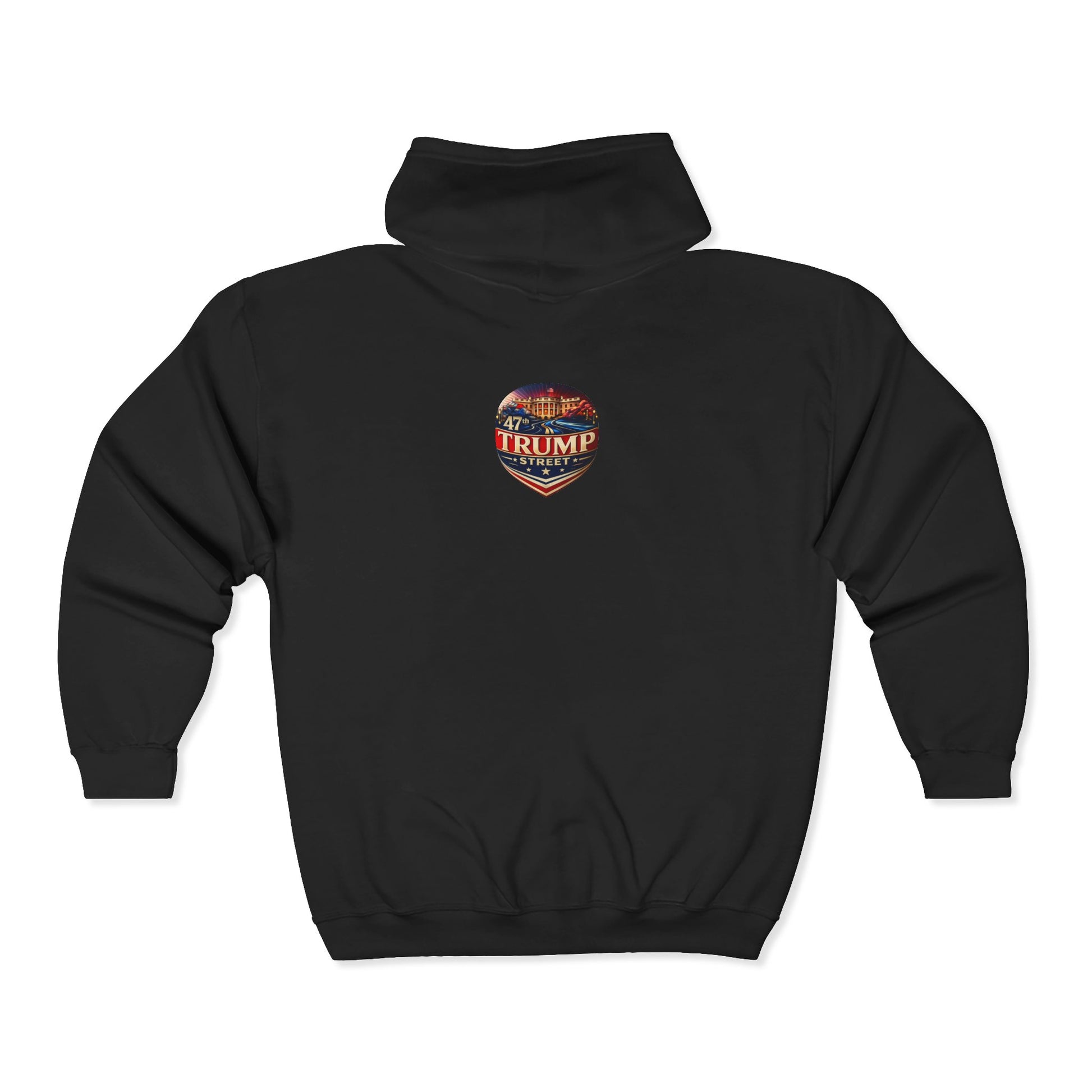 Black hoodie with a colorful graphic and 'Trump' text on a white background