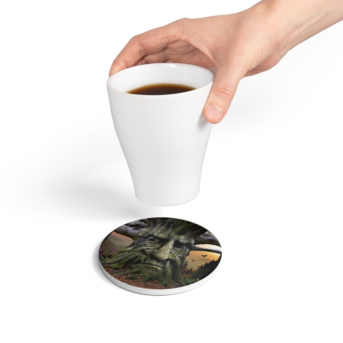 Enchanted Tree Face Ceramic Coaster — Enchanted Forest Fantasy Drink Coaster
