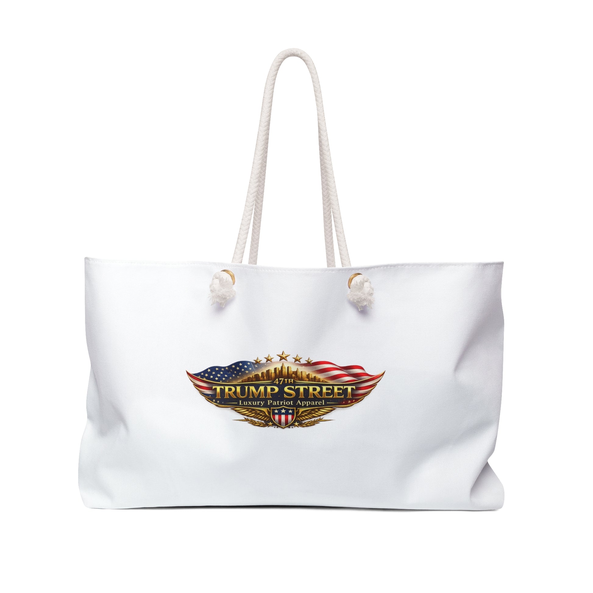 White tote bag with '47 Trump Street' logo on a white background