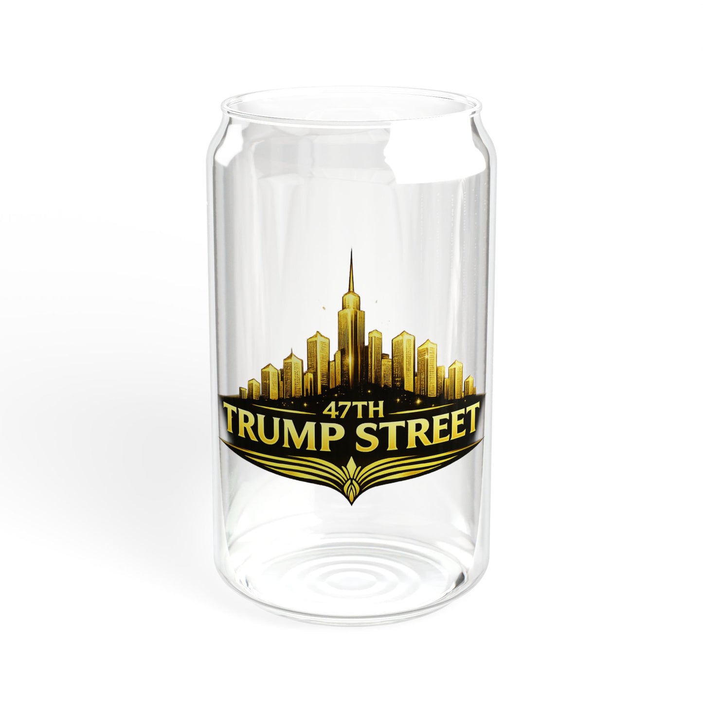 Clear glass vase with gold cityscape design and '47th Trump Street' text on a white background
