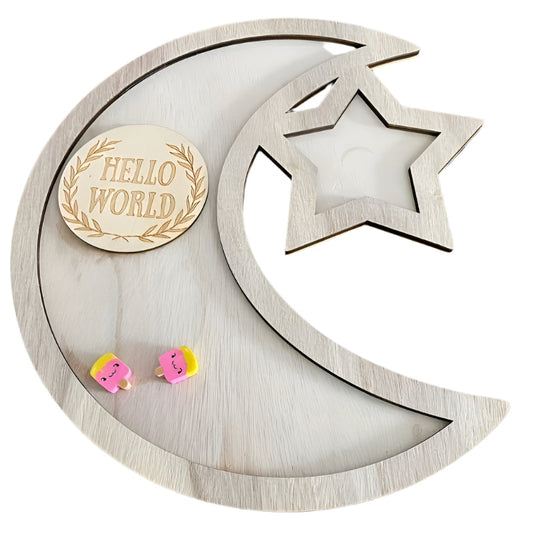wooden crescent moon and star snack tray celestial serving decor