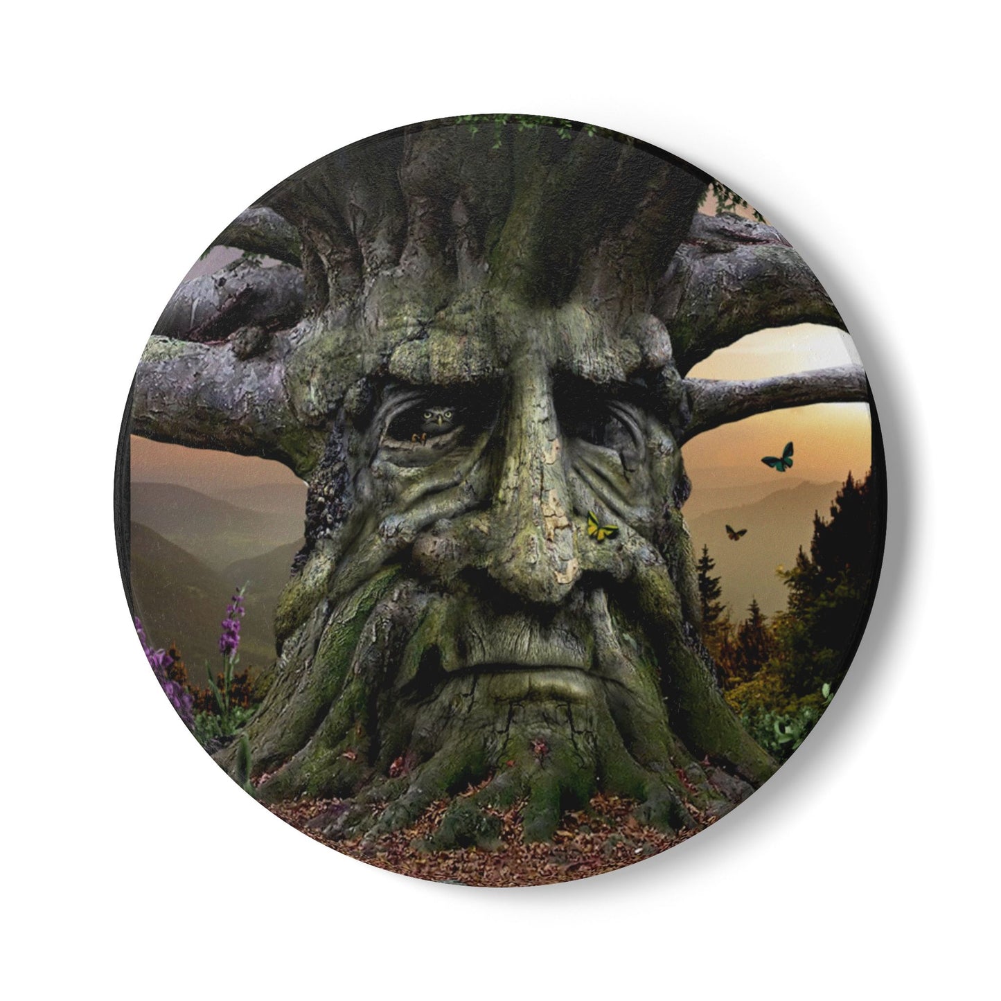 Enchanted Tree Face Ceramic Coaster — Enchanted Forest Fantasy Drink Coaster