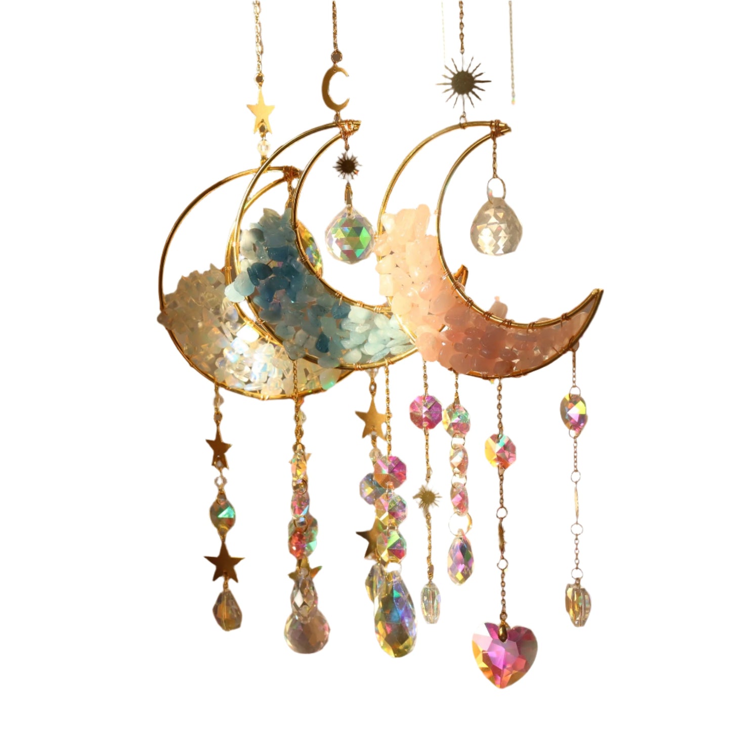 amethyst crystal moon wind chime celestial hanging suncatcher with rainbow prisms