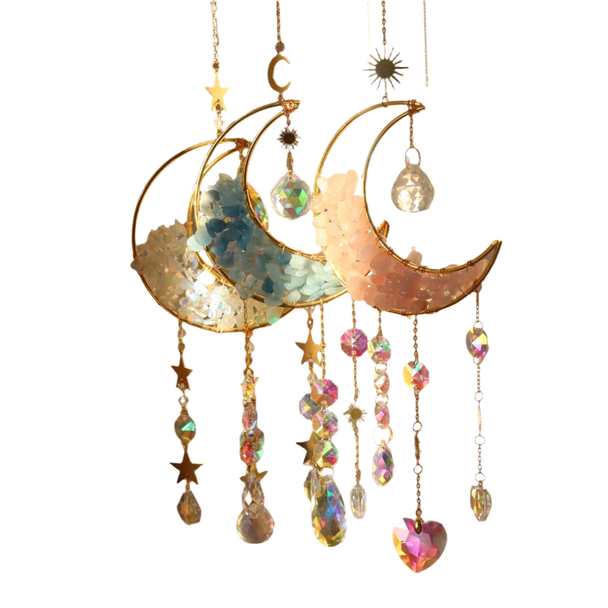 amethyst crystal moon wind chime celestial hanging suncatcher with rainbow prisms