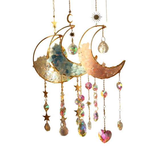 amethyst crystal moon wind chime celestial hanging suncatcher with rainbow prisms