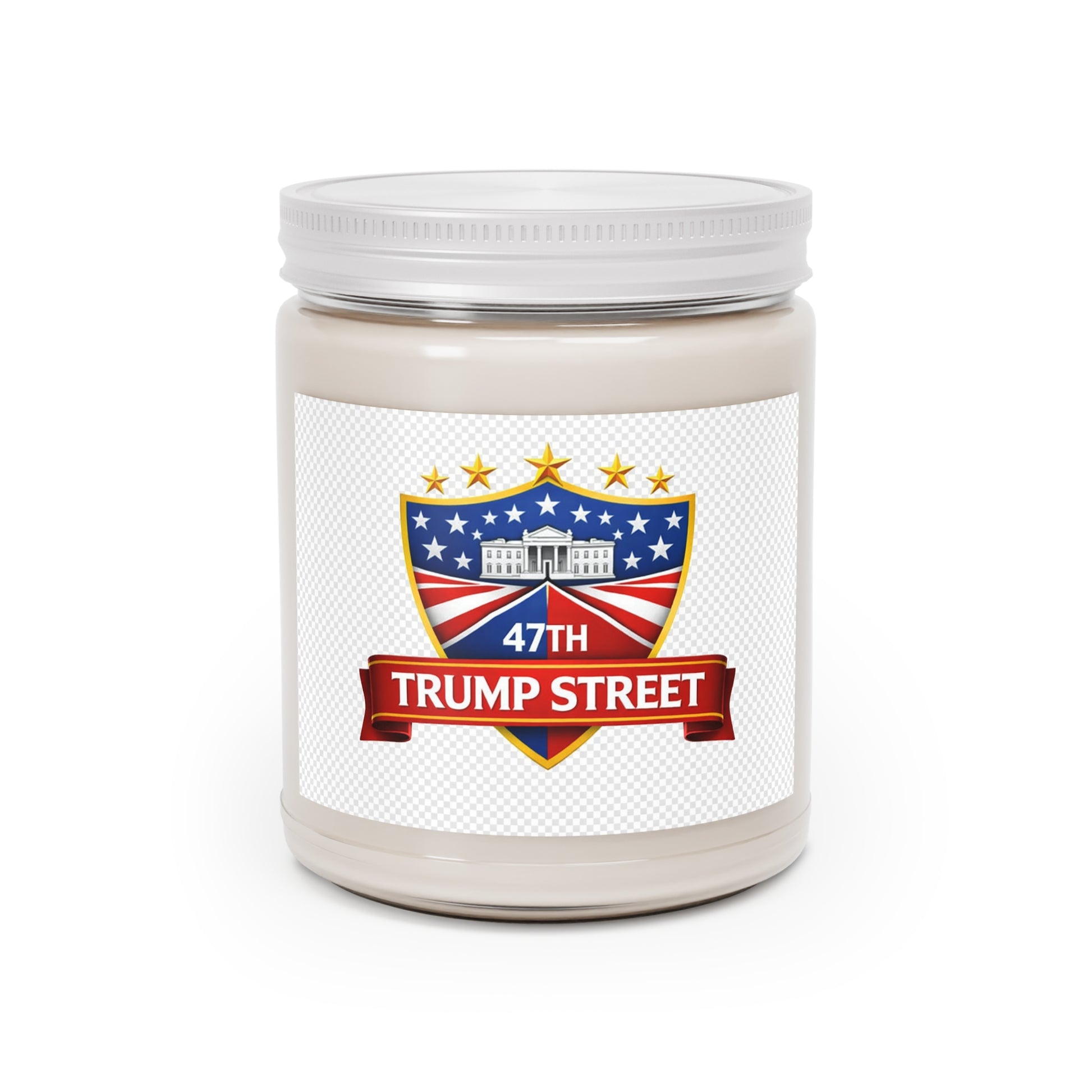 Jar with a label featuring '47th Trump Street' design on a white background
