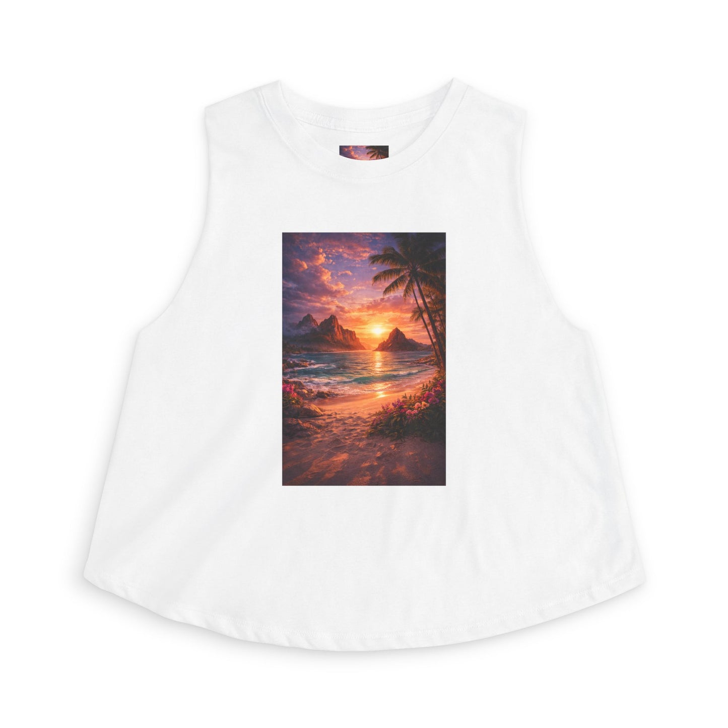 White sleeveless shirt with a tropical sunset design on a white background