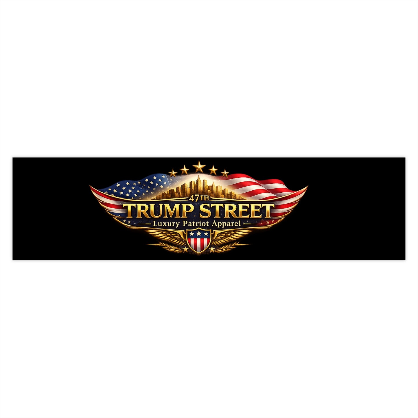 Trump Street logo with American flag and cityscape on a black background