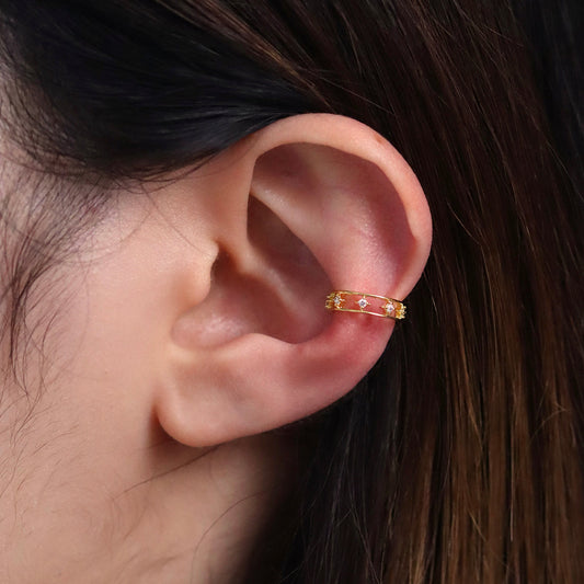 Celestial double band ear cuff with cubic zirconia in gold plated finish