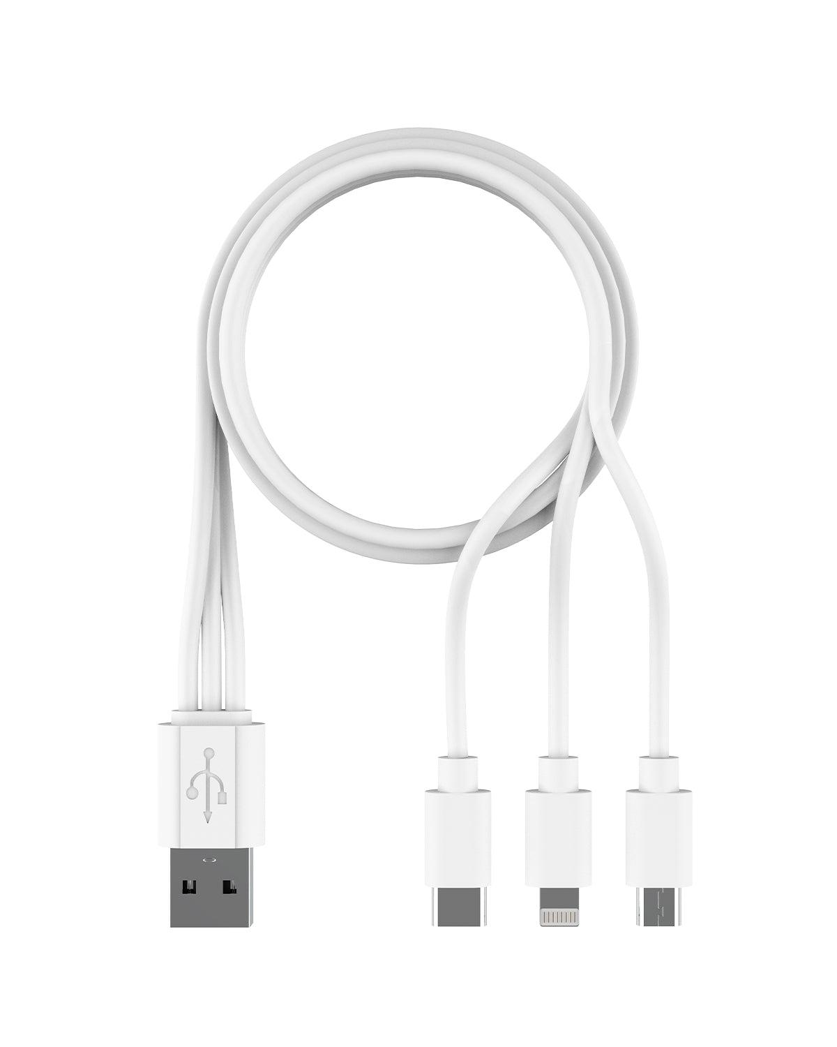 White USB cable with three different connectors on a white background