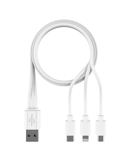 White USB cable with three different connectors on a white background
