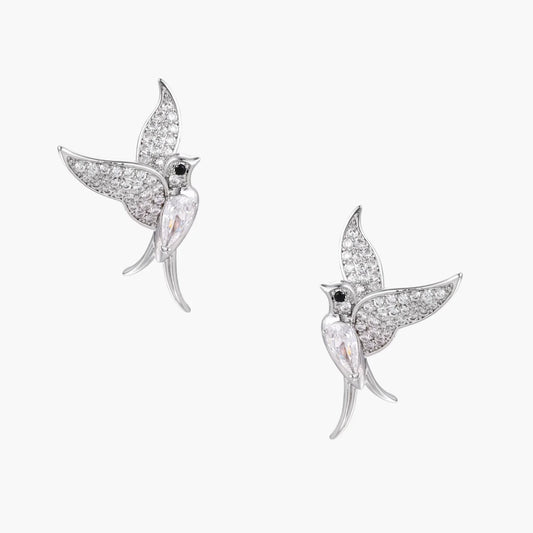Celestial hummingbird earrings with pavé zirconia and white gold-plated finish
