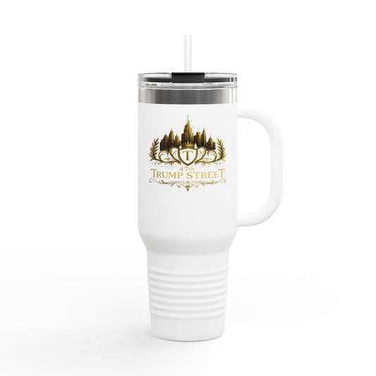 White tumbler with gold logo and text on a white background