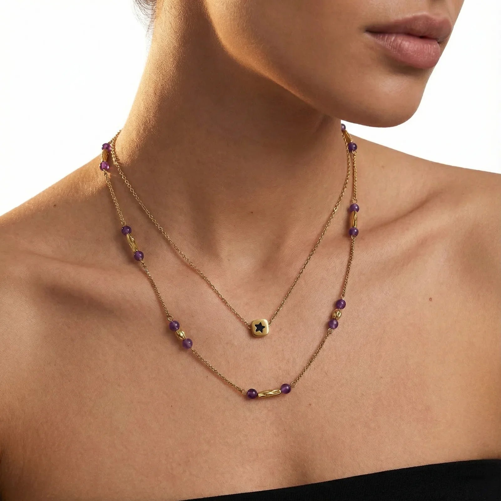 Cosmic layered star necklace set with purple gemstone accents