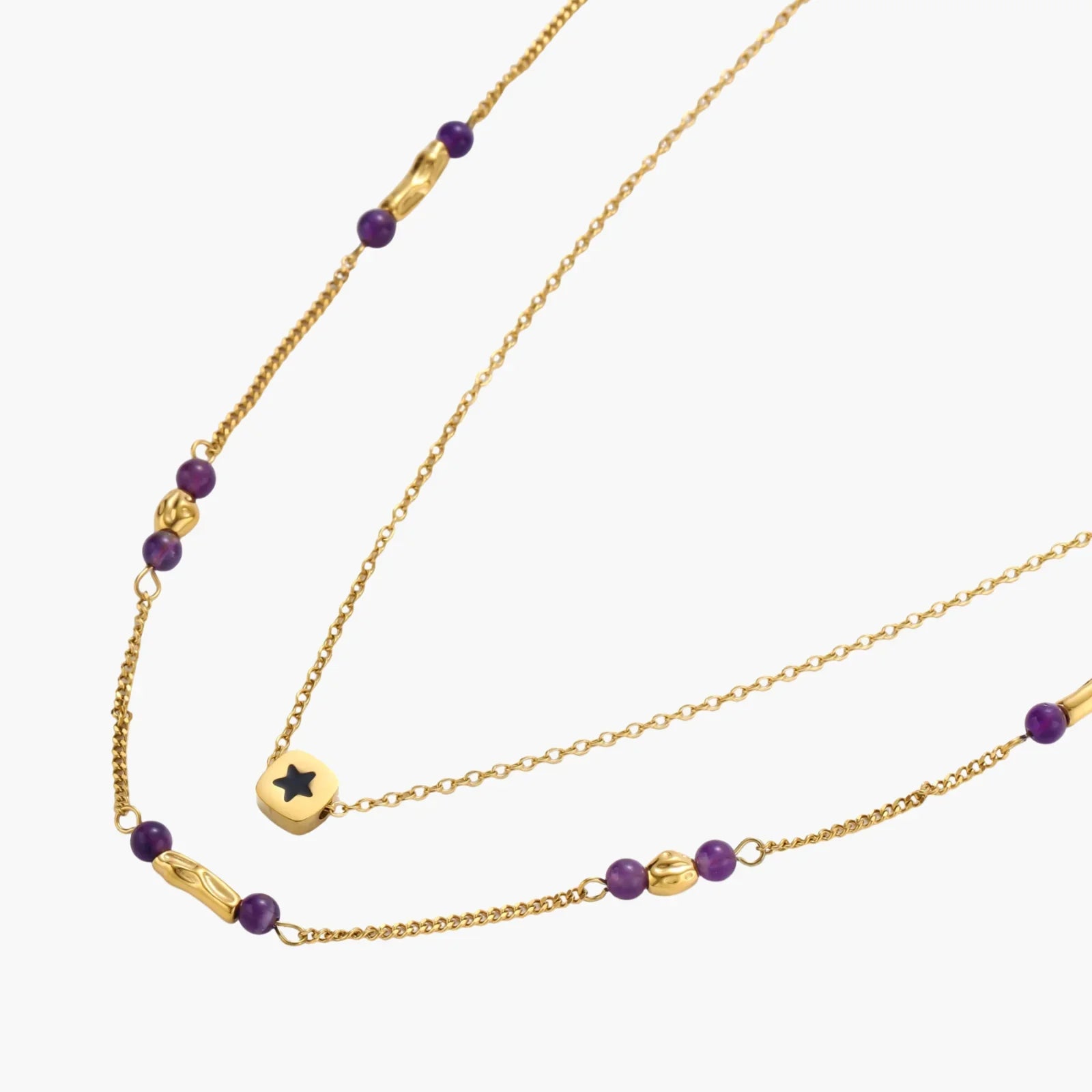 Cosmic layered star necklace set with purple gemstone accents