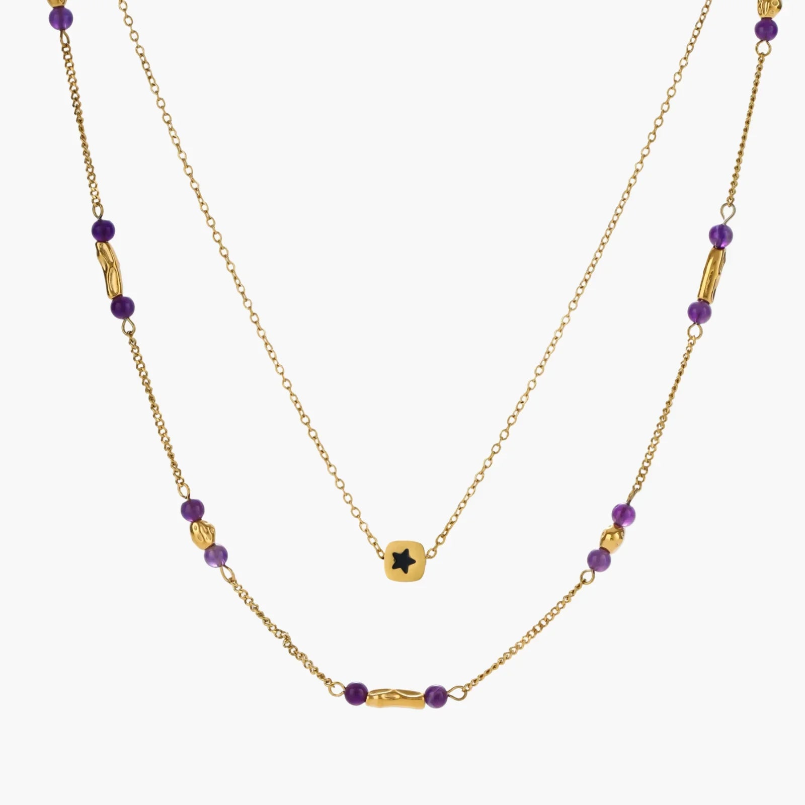 Cosmic layered star necklace set with purple gemstone accents