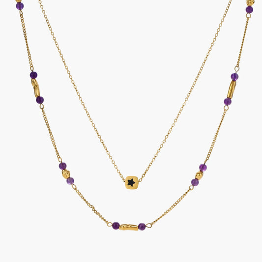 Cosmic layered star necklace set with purple gemstone accents