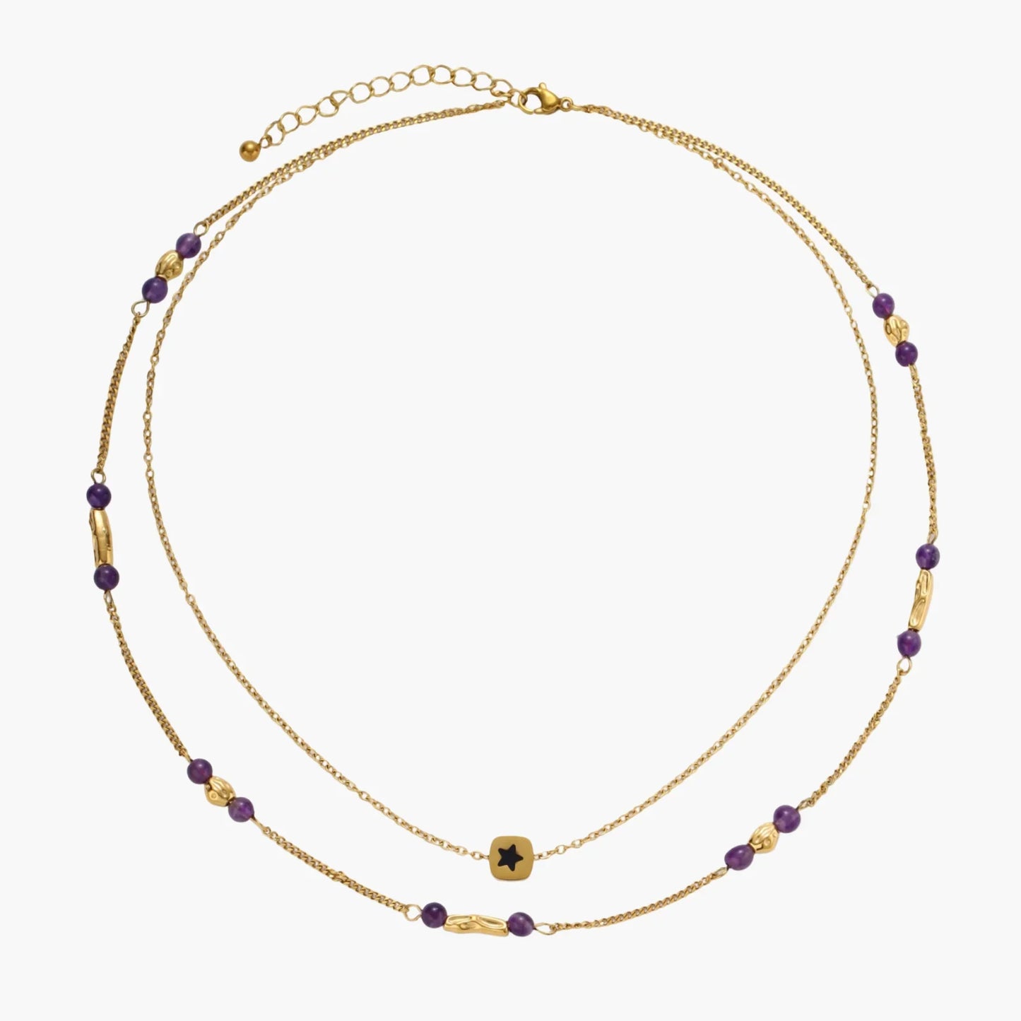 Cosmic layered star necklace set with purple gemstone accents