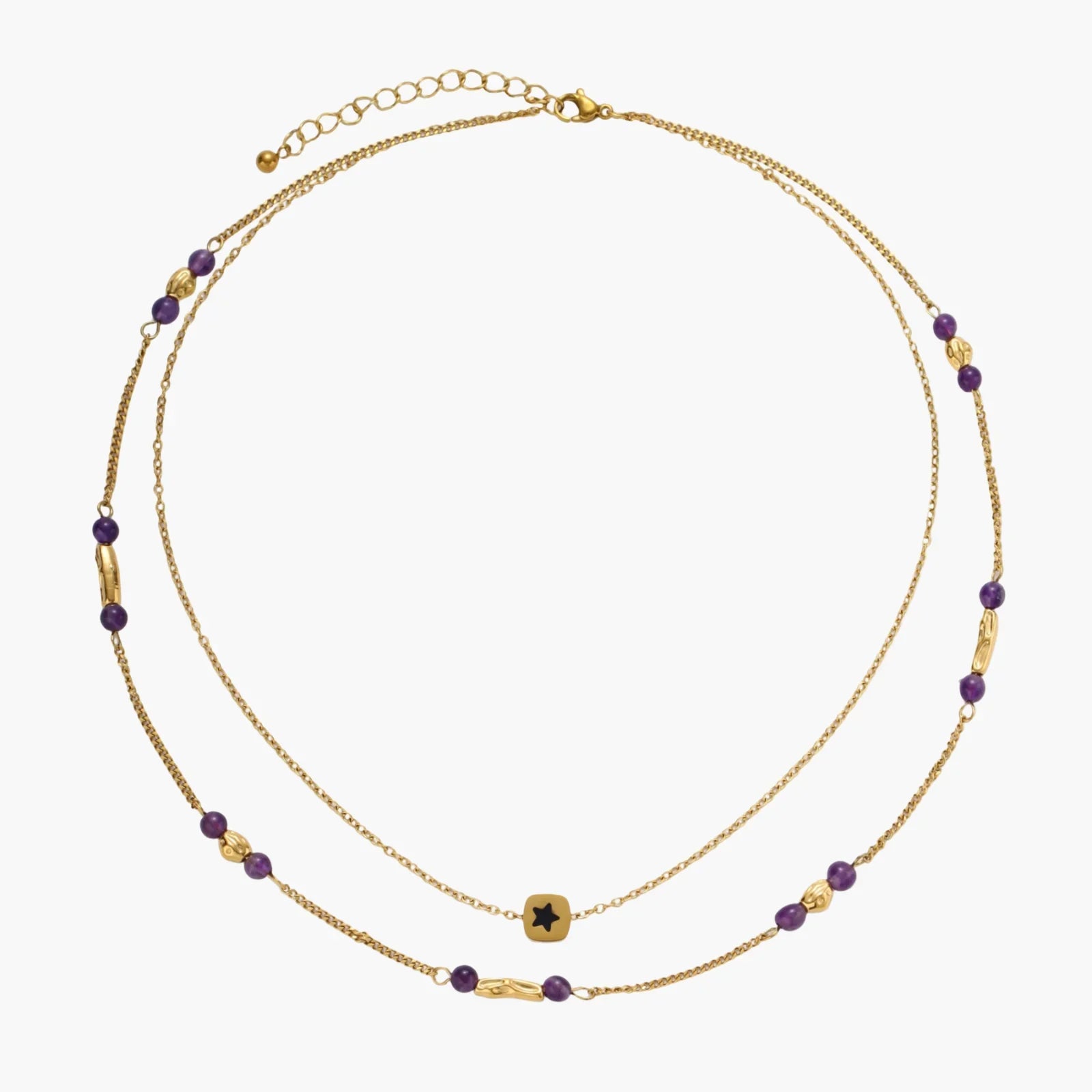 Cosmic layered star necklace set with purple gemstone accents