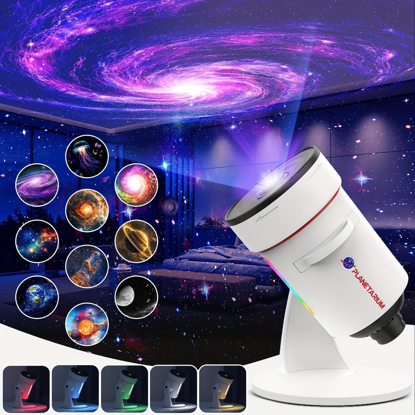 White rotating planetarium projector galaxy light with retail box and colorful cosmic room projections
star patterns on a ceiling with colorful lights.