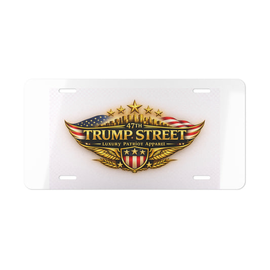 License plate with '47th Trump Street' branding and American flag design on a white background