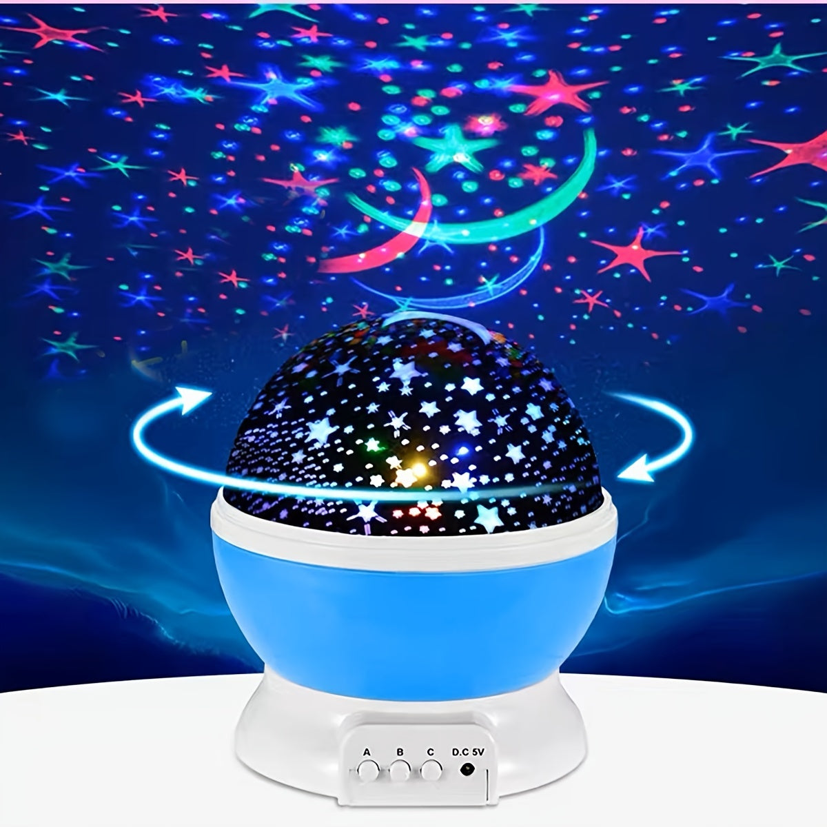 Blue rotating starry sky projection night light with colorful galaxy LED patterns

